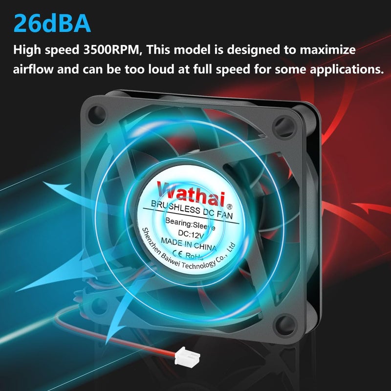 Wathai DC Exhaust Cooler Fan 60mm x 60mm x 15mm 12V 2Pin Brushless Cooling Fan - Image 5